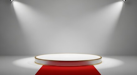 Elegant product display podium illuminated by spotlights with a red carpet