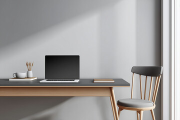 A sleek, minimalist home office space bathed in soft, diffused natural light from a expansive window, featuring a modern desk with a computer monitor, an open book, and simple decor, perfect for focus