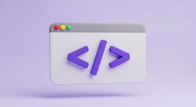 Purple coding symbols inside a browser window isolated on white background