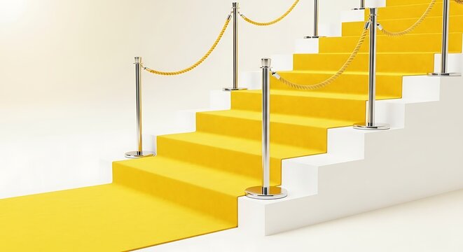 Elegant entrance with yellow carpet stairs and barriers, conveying a sense of exclusivity