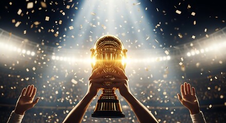 Hands holding a golden trophy aloft under stadium lights and falling confetti