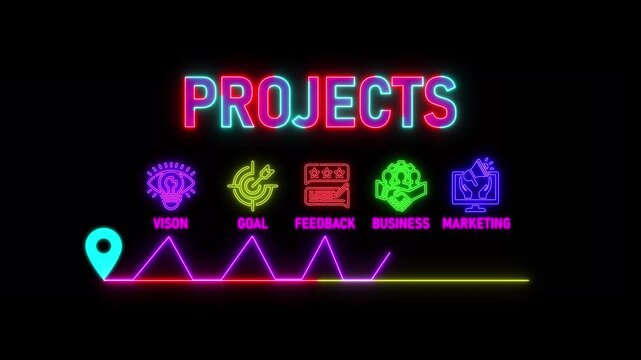 glowing neon process concept with thin line icons on black background. Infographic design. Chart with animated icons.