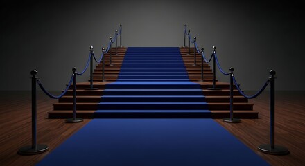 Formal staircase with blue carpet and barriers, elegance and exclusiveness