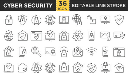 Cyber Security Line Icon Set. Pixel perfect and Outline Editable Stroke Icons collection for Privacy, Data Protection, Digital Lock, Network, Hacker, Password and Firewall