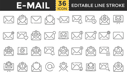 Mail and Email Line Icon Set. Pixel perfect and Outline Editable Stroke Icons collection for Postal Letter, Mailbox, Email, Post Office, Envelope, Messaging, and Communication

