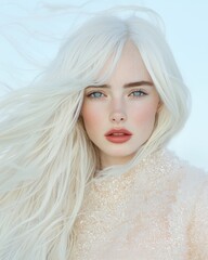 Windswept woman with icy blonde hair in natural light