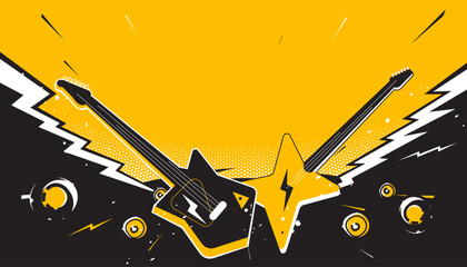 Party music decorations with guitar on abstract background design template for a music festival banner or concert poster.
