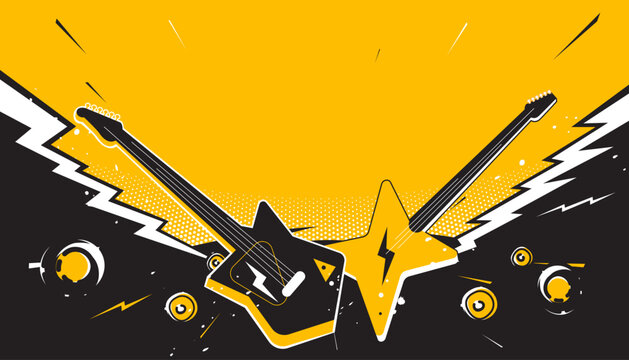 Party music decorations with guitar on abstract background design template for a music festival banner or concert poster.
- Powered by Adobe