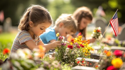Honoring Memories: Young children tenderly place flowers on graves in a serene cemetery, a poignant display of remembrance. The scene evokes a sense of respect, memory, and the passage of time.