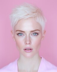 Crisp portrait of woman with icy blue eyes and pixie cut