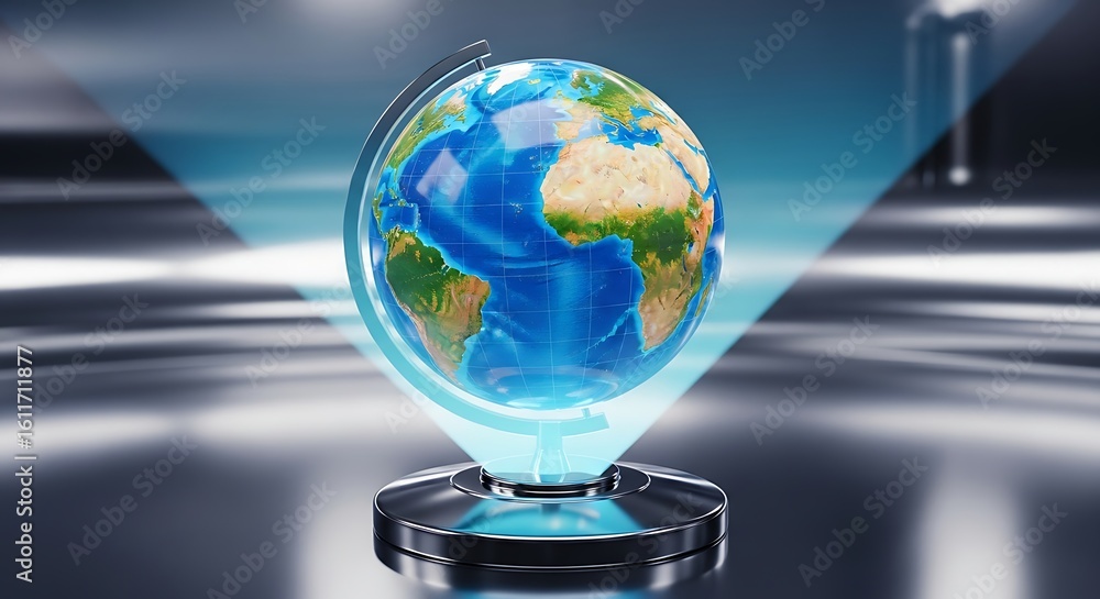 Poster futuristic globe hologram on reflective surface with abstract background effect