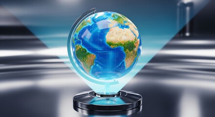 Futuristic globe hologram on reflective surface with abstract background effect