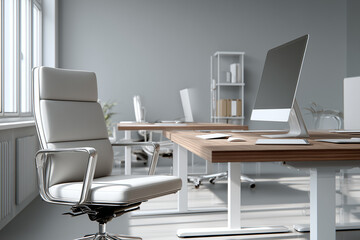 Modern open-plan workspace featuring contemporary furniture, adjustable workstations, and minimalist design, ideal for a productive and comfortable professional environment.

