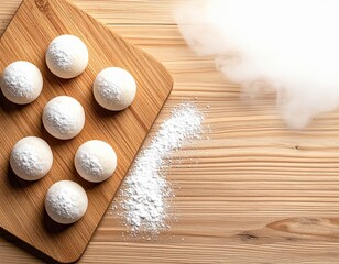 Assorted round white powdered sugar cookies arranged on a wooden cutting board with scattered powdered sugar and steam rising in a minimal wooden kitchen setting