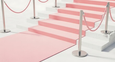 Minimalist pink carpeted staircase with velvet ropes for sophisticated events