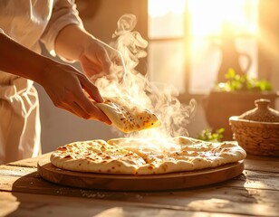 Person slicing freshly baked cheesy pizza with steam rising in warm sunlight kitchen setting du daytime