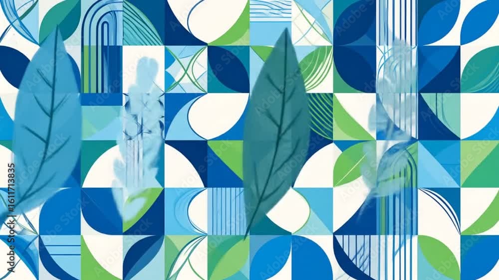 Poster vibrant geometric pattern with floating leaves - abstract animation