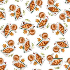 Seamless pattern with croissants, coffee cups, autumn leaves, coffee beans, and napkins, drawn in cozy watercolor style, ideal for seasonal prints, kitchen textiles, and packaging.