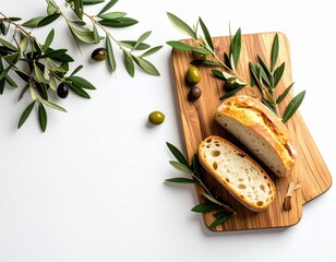 Fresh artisan bread loaf sliced on wooden cutting board surrounded by green olive branches and scattered olives on a white background, minimalistic style