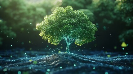 A glowing tree in a magical forest landscape for nature and environmental conservation concepts art silhouette