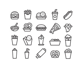 Collection of black outline icons representing fast food and drinks on a white background burger