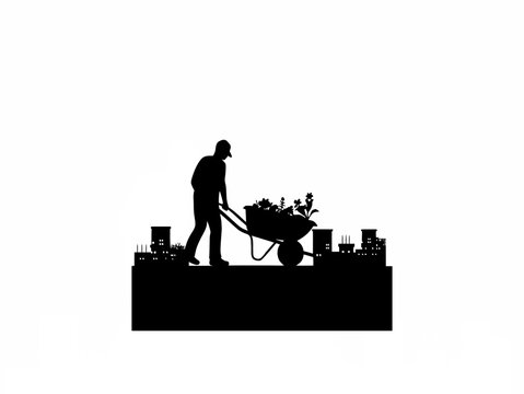 Silhouette of a gardener pushing a wheelbarrow on a rooftop