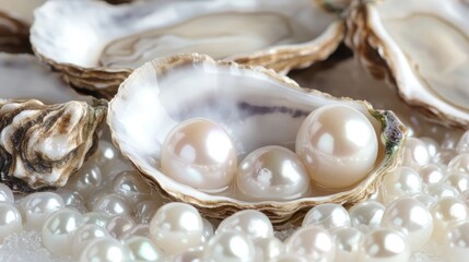 An open oyster revealing natural pearls within, on a serene blue pastel backdrop. Perfect for beauty and skincare branding.