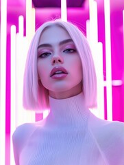 Futuristic portrait in neon pink light