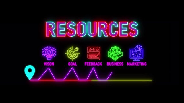 glowing neon resources concept with thin line icons on black background. Infographic design. Chart with animated icons.