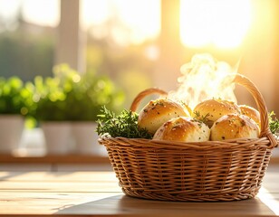 Freshly baked bread rolls in a wicker basket with herbs on a wooden surface in warm sunlight creating a cozy and inviting breakfast or snack scene