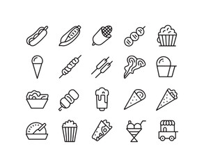 Collection of black outline icons representing various food items and a food cart hot dog corn on the cob