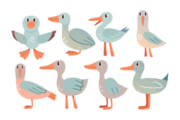 Whimsical Duck Flock: A delightful assortment of cartoon ducks in various poses, ideal for designs themed around children's books or cheerful illustrations.