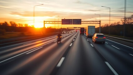 Obraz premium Sunset highway scene with blurred vehicle lights reflecting on wet asphalt, capturing dusk's golden hues.