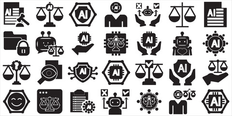 Ai ethics icons. Technology related icons: fairness, transparency, data privacy etc.  vector  illustration isolated on white background. EPS 10/AI