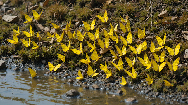 Sulphur butterflies, Phoebis sennae, puddling on a riverbank.