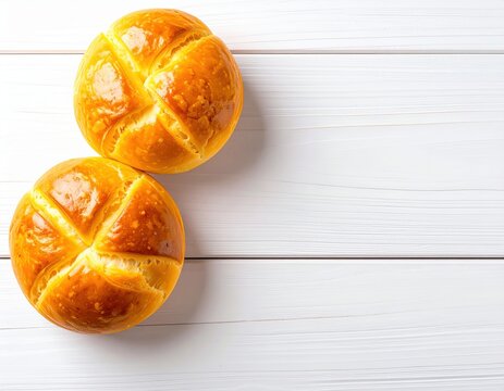 Freshly baked round bread rolls with shiny golden crusts placed on a white wooden surface ideal for bakery or snack food imagery