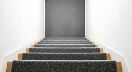 Minimalist staircase featuring gray carpet runner and white walls in modern house