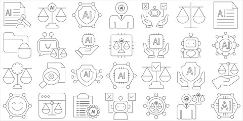 Ai ethics icons. Technology related icons: fairness, transparency, data privacy etc.  vector  illustration isolated on white background. EPS 10/AI