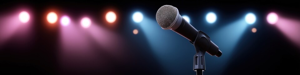 Obraz premium Microphone on stage with colorful spotlights in background