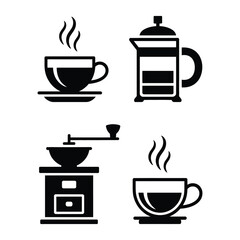 Obraz premium Coffee-themed vector icon set featuring drip coffee, French press, flat white, and coffee grinder in black and white silhouette