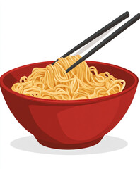 An illustration of chopsticks lifting long yellow noodles from a bowl, suggesting a delicious Asian meal.