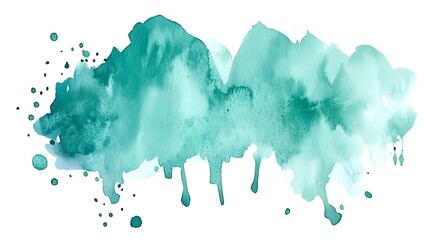 Teal watercolor paint splatter design on white background.
