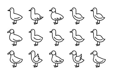Duck Illustration: A series of cartoon duck illustrations in black and white on a seamless grid of a cartoon character. showing the art in minimalist style with high details