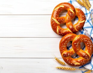 Freshly baked traditional pretzels with coarse salt on a white wooden table decorated with wheat ears and blue checkered cloth for snack or bakery concept
