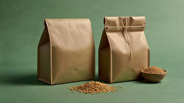 Two brown paper bags, tied with string, filled with grains, on a green background.
