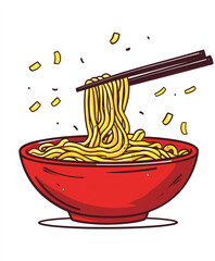 An illustration of chopsticks lifting long yellow noodles from a bowl, suggesting a delicious Asian meal.