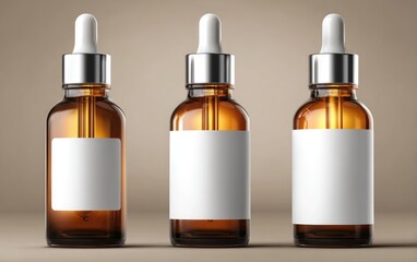 Three amber glass dropper bottles with blank white labels and silver caps against a neutral background, showcasing clean product packaging