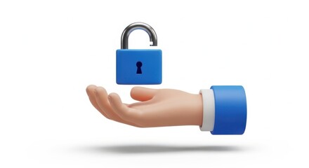 3d hand offering open blue padlock isolated on white background
