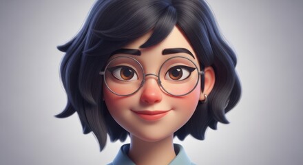 Close up of a smiling cartoon woman with glasses isolated on white background