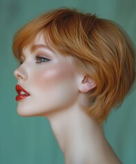 Soft Red Bob with Glossy Lips and Blue-Green Background